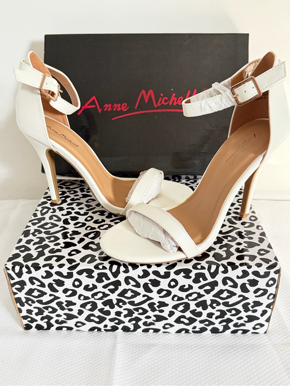 Anne Michelle White Open-Toe Ankle Strap Stiletto Heels